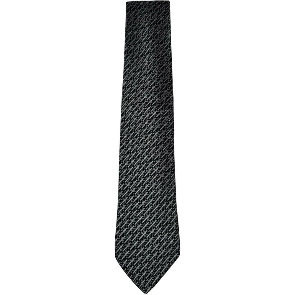 Gucci Black & Silver Chain Link Pattern Silk Tie Classic Luxury Italy